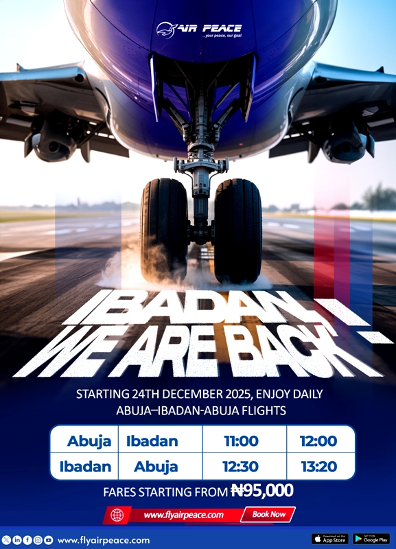 Air Peace Resumes Daily Ibadan–Abuja Flights December 24, Fares From ₦95,000