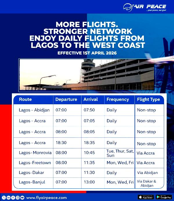 Air Peace Expands West African Regional Network, New Schedules Effective April 1, 2026